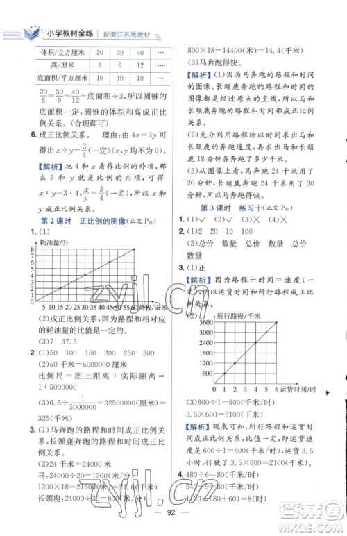 陕西人民教育出版社2023小学教材全练六年级下册数学江苏版参考答案 陕西人民教育出版社2023小学教材全练六年级下册数学江苏版参考答案