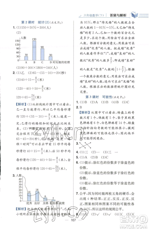 陕西人民教育出版社2023小学教材全练六年级下册数学江苏版参考答案