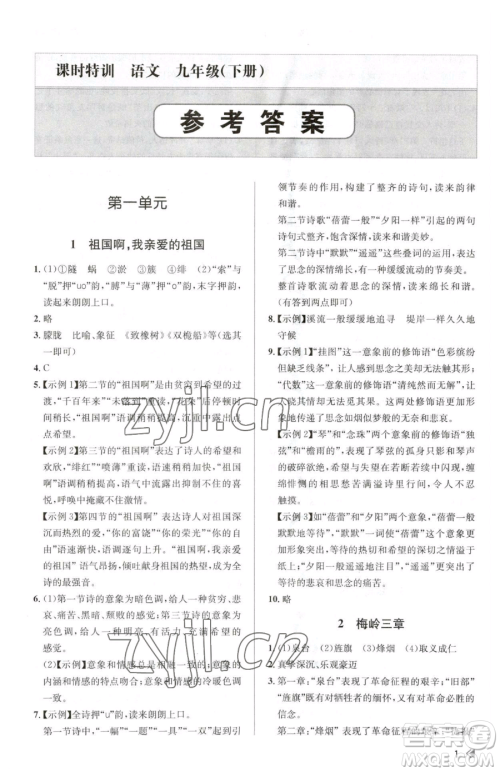 浙江人民出版社2023课时特训九年级下册语文人教版参考答案 浙江人民出版社2023课时特训九年级下册语文人教版参考答案