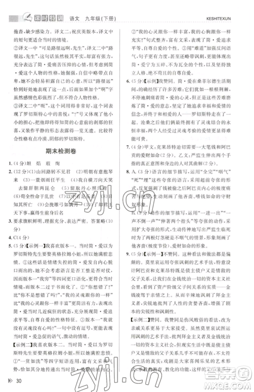 浙江人民出版社2023课时特训九年级下册语文人教版参考答案 浙江人民出版社2023课时特训九年级下册语文人教版参考答案