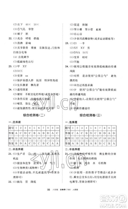 宁夏人民教育出版社2023学习之友八年级生物下册人教版参考答案