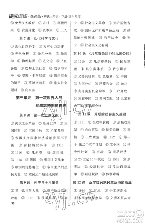 南京大学出版社2023提优训练课课练九年级下册历史人教版徐州专版参考答案