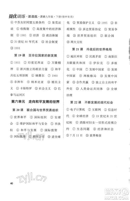 南京大学出版社2023提优训练课课练九年级下册历史人教版徐州专版参考答案