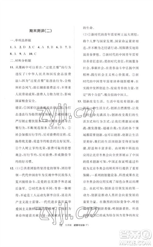 宁夏人民教育出版社2023学习之友九年级道德与法治下册人教版参考答案