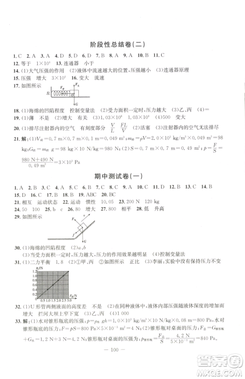 吉林教育出版社2023创新思维全程备考金题一卷通八年级下册物理人教版参考答案