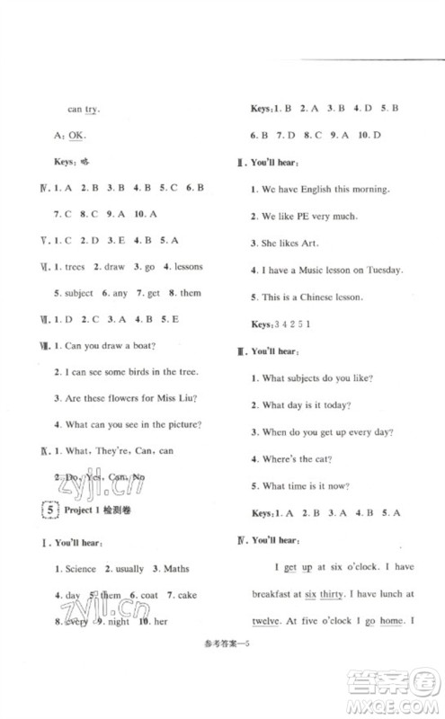 江苏凤凰少年儿童出版社2023学习乐园单元自主检测四年级英语下册译林版参考答案