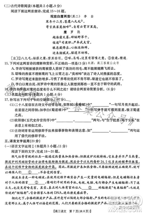 2023年金太阳联考5月524C高三语文试卷答案