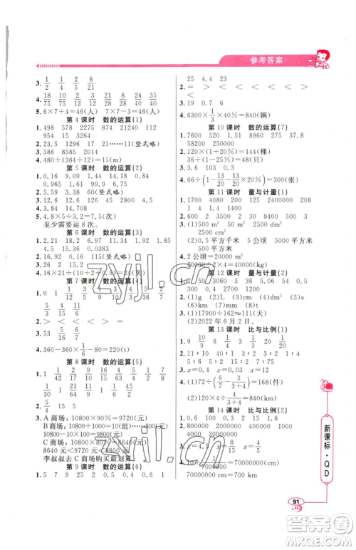 山东画报出版社2023应用题天天练六年级下册数学青岛版参考答案