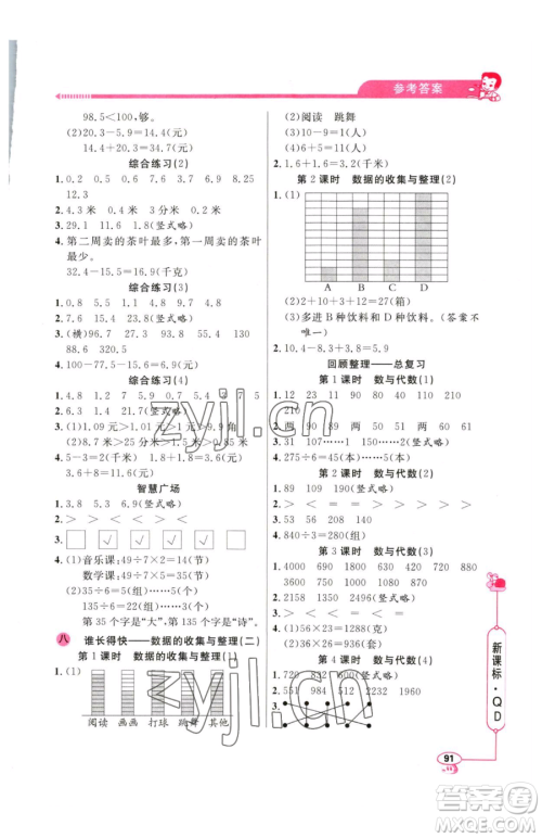 山东画报出版社2023应用题天天练三年级下册数学青岛版参考答案