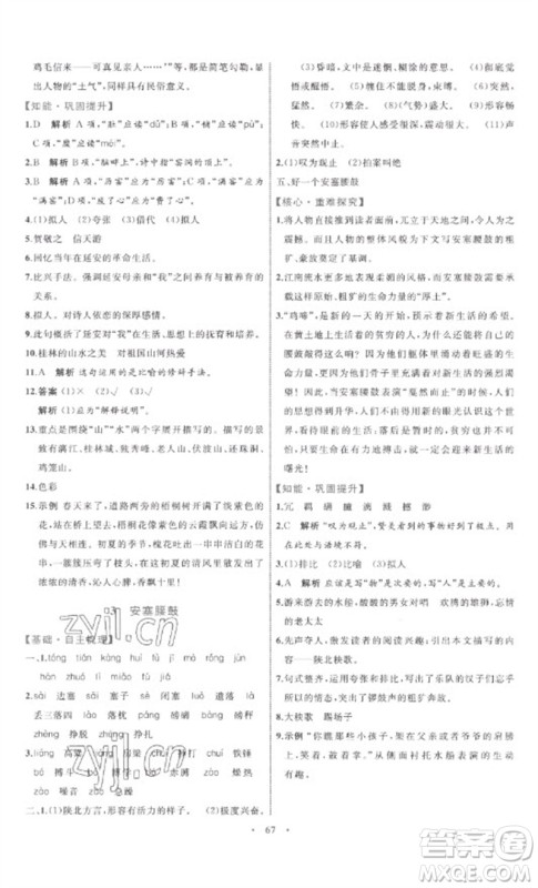 内蒙古教育出版社2023初中同步学习目标与检测八年级语文下册人教版参考答案