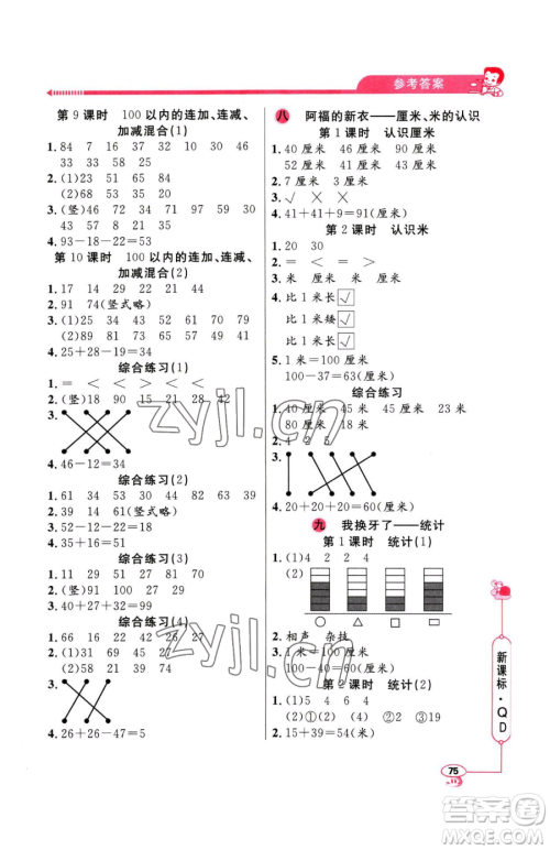 山东画报出版社2023应用题天天练一年级下册数学青岛版参考答案