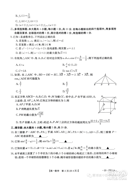 浙江强基联盟2022-2023学年高一下学期5月统测数学试题答案