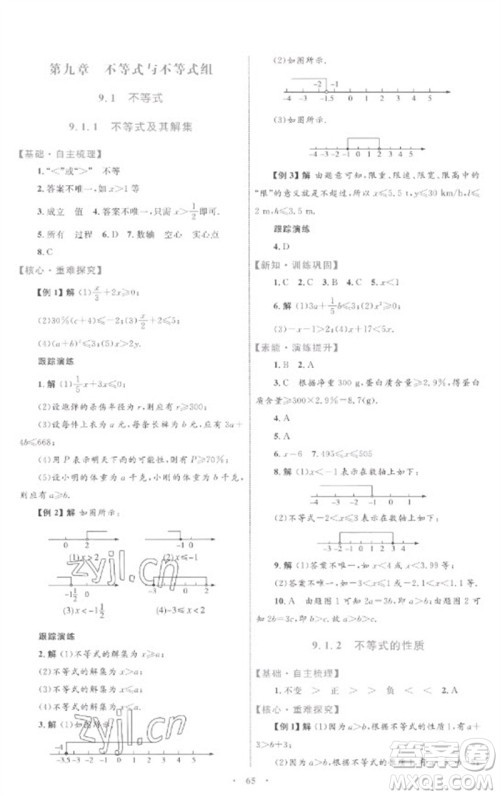 内蒙古教育出版社2023初中同步学习目标与检测七年级数学下册人教版参考答案