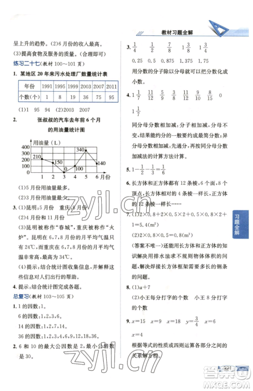 陕西人民教育出版社2023小学教材全解五年级下册数学西南师大版参考答案