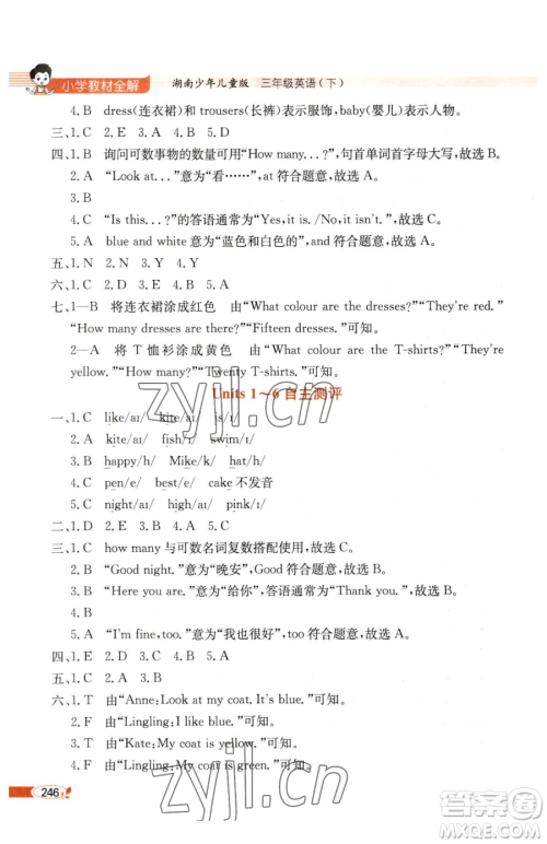 陕西人民教育出版社2023小学教材全解三年级下册英语湘少版三起参考答案