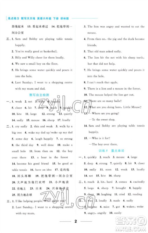北京教育出版社2023亮点给力默写天天练六年级英语下册译林版参考答案