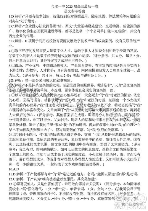2023年合肥一中高三最后一卷语文试题答案