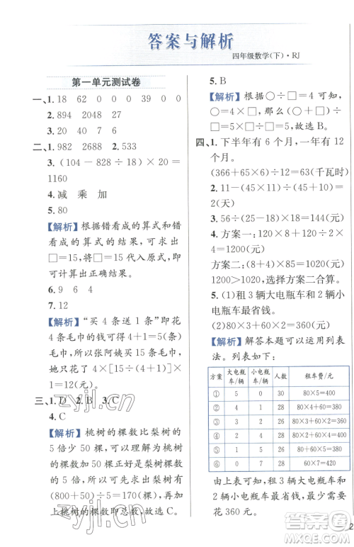 陕西人民教育出版社2023小学教材全练四年级下册数学人教版参考答案