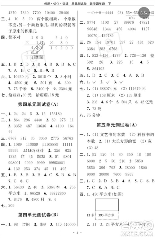 江苏凤凰美术出版社2023创新优化训练单元测试卷四年级数学下册苏教版参考答案