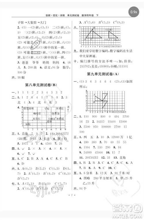 江苏凤凰美术出版社2023创新优化训练单元测试卷四年级数学下册苏教版参考答案