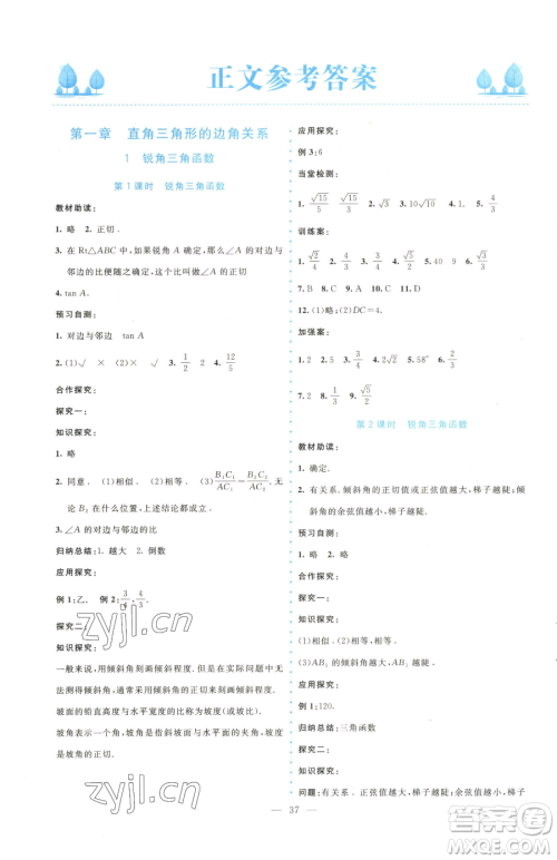 北京师范大学出版社2023课堂精练九年级下册数学北师大版大庆专版参考答案