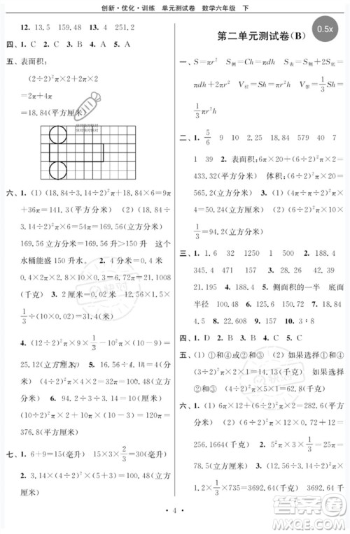 江苏凤凰美术出版社2023创新优化训练单元测试卷六年级数学下册苏教版参考答案