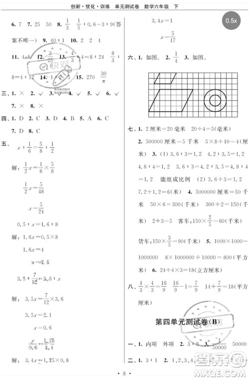 江苏凤凰美术出版社2023创新优化训练单元测试卷六年级数学下册苏教版参考答案