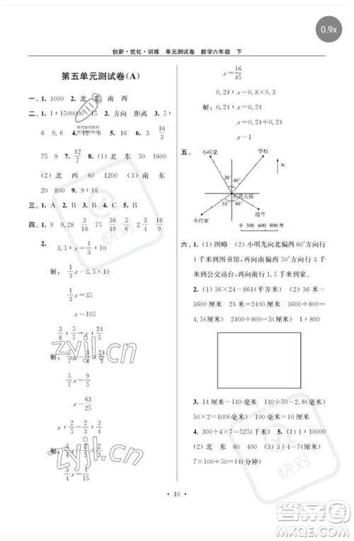 江苏凤凰美术出版社2023创新优化训练单元测试卷六年级数学下册苏教版参考答案