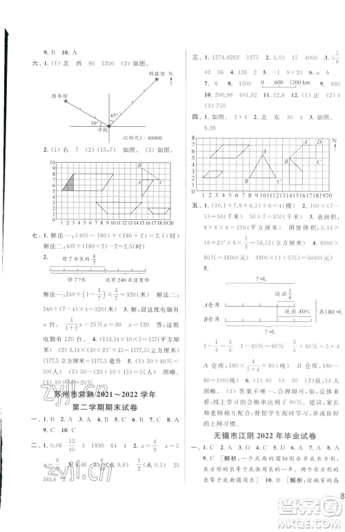 北京教育出版社2023同步跟踪全程检测六年级下册数学苏教版参考答案 北京教育出版社2023同步跟踪全程检测六年级下册数学苏教版参考答案