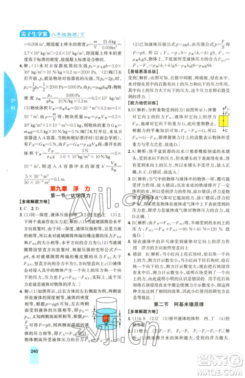 吉林人民出版社2023尖子生学案八年级下册物理沪科版参考答案