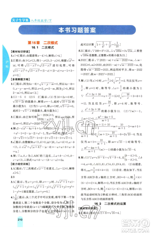 吉林人民出版社2023尖子生学案八年级下册数学沪科版参考答案 吉林人民出版社2023尖子生学案八年级下册数学沪科版参考答案