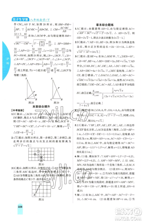 吉林人民出版社2023尖子生学案八年级下册数学沪科版参考答案 吉林人民出版社2023尖子生学案八年级下册数学沪科版参考答案