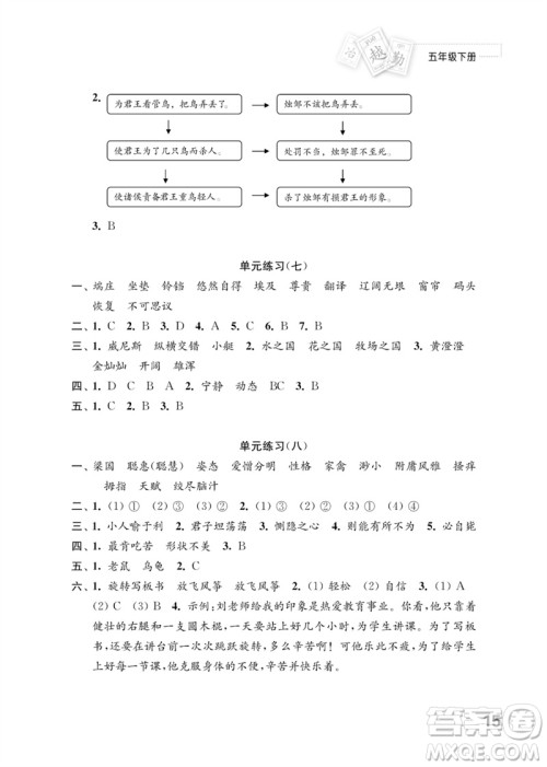 江苏凤凰教育出版社2023练习与测试小学语文五年级下册人教版参考答案