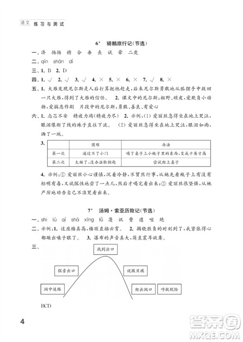 江苏凤凰教育出版社2023练习与测试小学语文六年级下册人教版参考答案