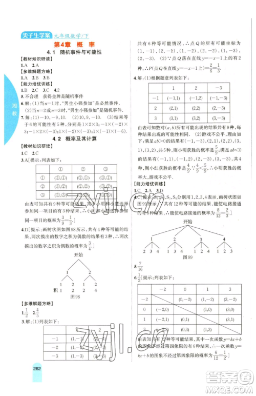 吉林人民出版社2023尖子生学案九年级下册数学湘教版参考答案