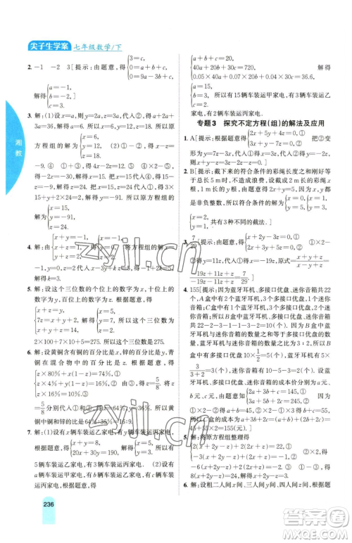 吉林人民出版社2023尖子生学案七年级下册数学湘教版参考答案