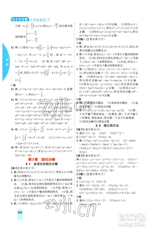 吉林人民出版社2023尖子生学案七年级下册数学湘教版参考答案