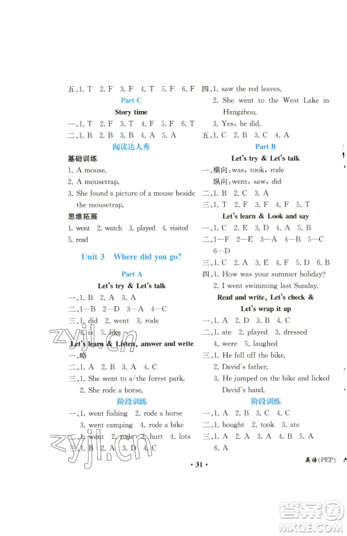 人民教育出版社2023胜券在握同步解析与测评课堂巩固练习六年级下册英语人教PEP版重庆专版参考答案