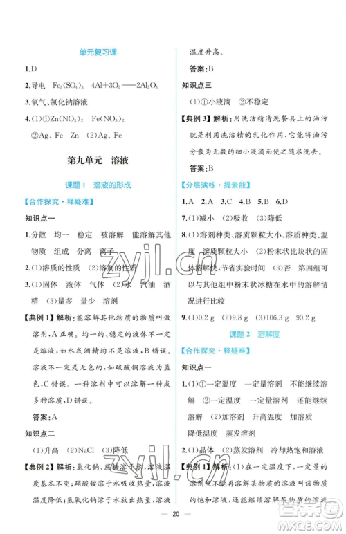 人民教育出版社2023同步解析与测评九年级下册化学人教版云南专版参考答案