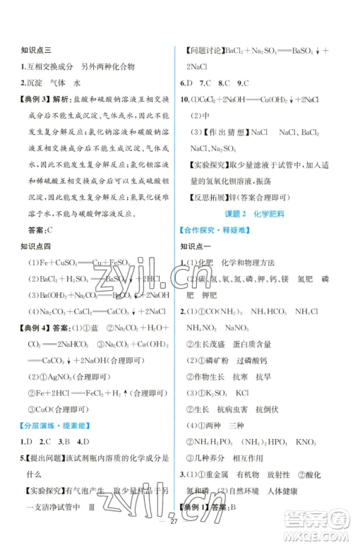 人民教育出版社2023同步解析与测评九年级下册化学人教版云南专版参考答案