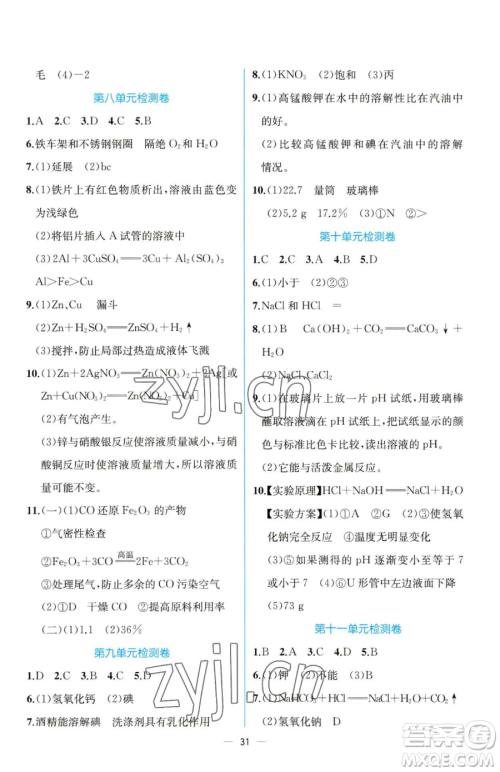 人民教育出版社2023同步解析与测评九年级下册化学人教版云南专版参考答案