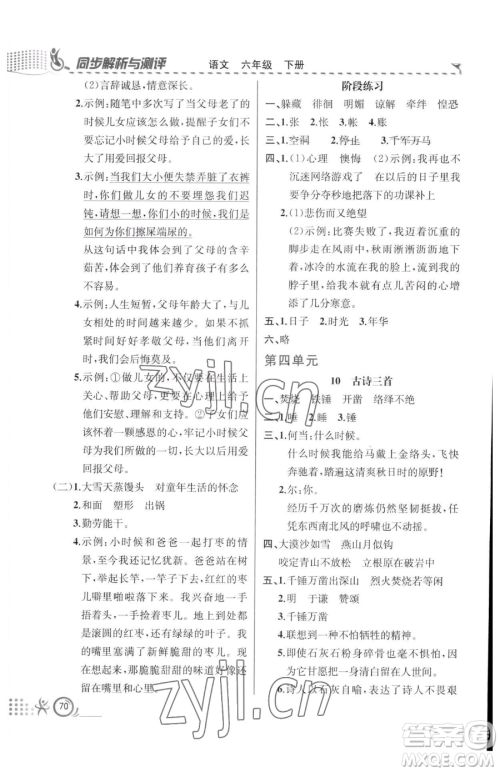 人民教育出版社2023同步解析与测评六年级下册语文人教版福建专版参考答案