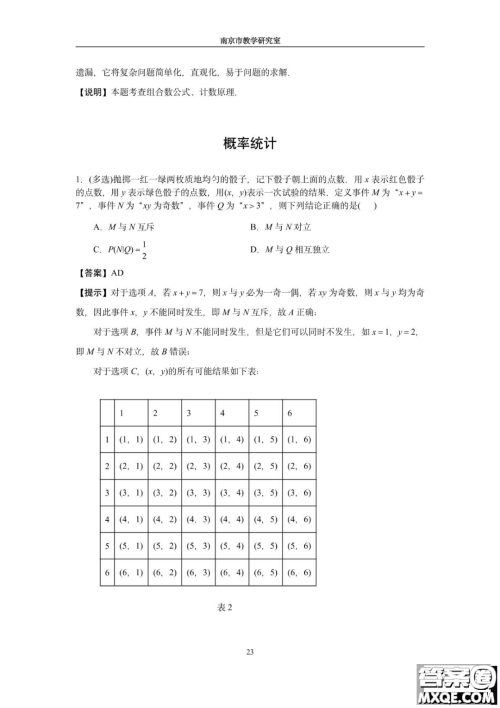 南京教研室2023届高三数学高考考前读本指导综合题答案