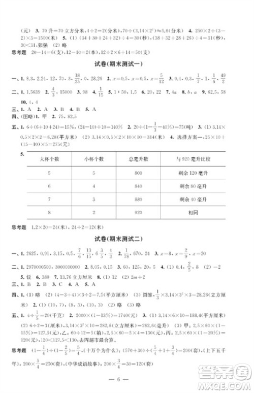 江苏凤凰教育出版社2023练习与测试检测卷小学数学六年级下册苏教版参考答案 江苏凤凰教育出版社2023练习与测试检测卷小学数学六年级下册苏教版参考答案