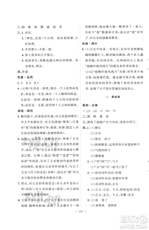 陕西人民出版社2023实验教材新学案七年级下册语文人教版参考答案