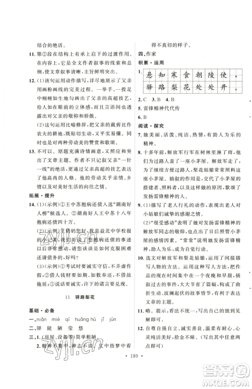 陕西人民出版社2023实验教材新学案七年级下册语文人教版参考答案