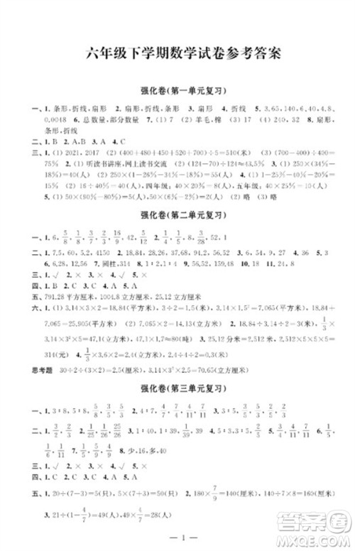 江苏凤凰教育出版社2023小学数学强化拓展卷六年级下册苏教版提升版参考答案