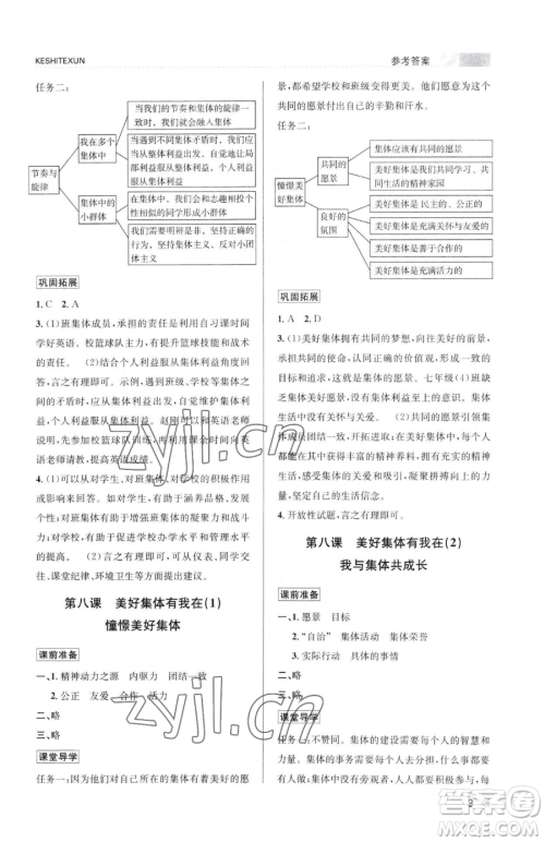 浙江人民出版社2023课时特训七年级下册道德与法治人教版参考答案