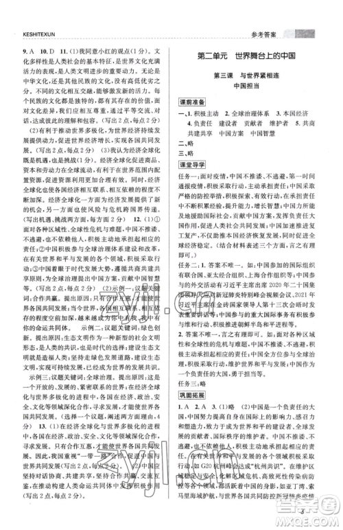 浙江人民出版社2023课时特训九年级下册道德与法治人教版参考答案