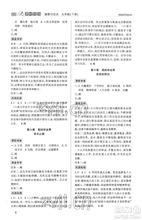 浙江人民出版社2023课时特训九年级下册道德与法治人教版参考答案